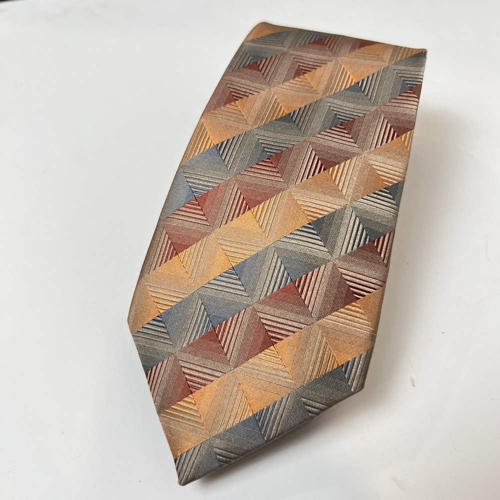 Geoffrey Beene Tie 100% Silk Men's Geometric Pattern Necktie Earth Tones Stylish